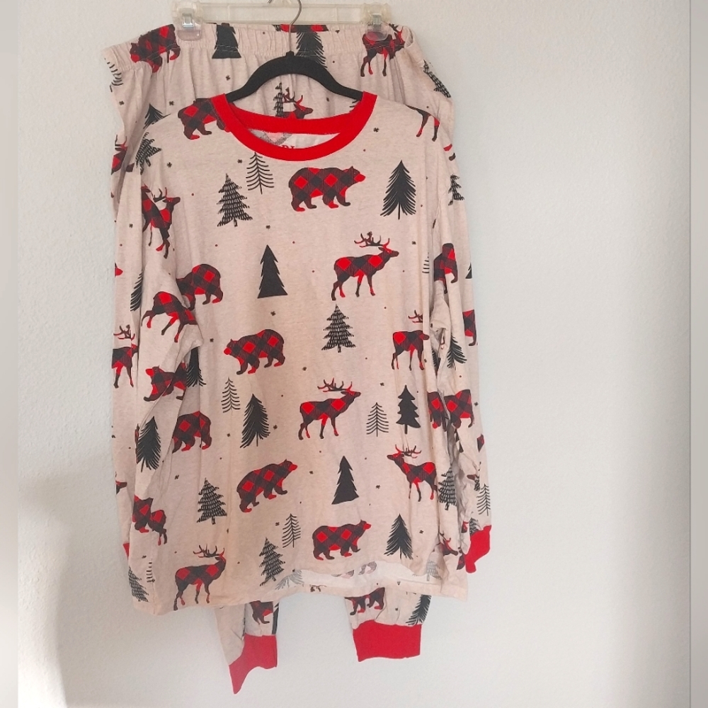 PJ Place 100% Cotton Buffalo Plaid Bear & Reindeer Winter Theme Pajama Set NWOT